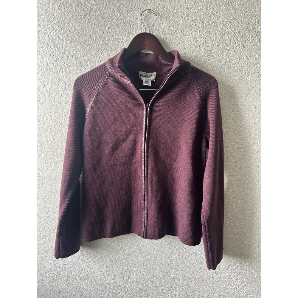 Pendleton Women's‎ Burgundy Leather Trim Zip Up Knit Sweater Jacket M Old Money